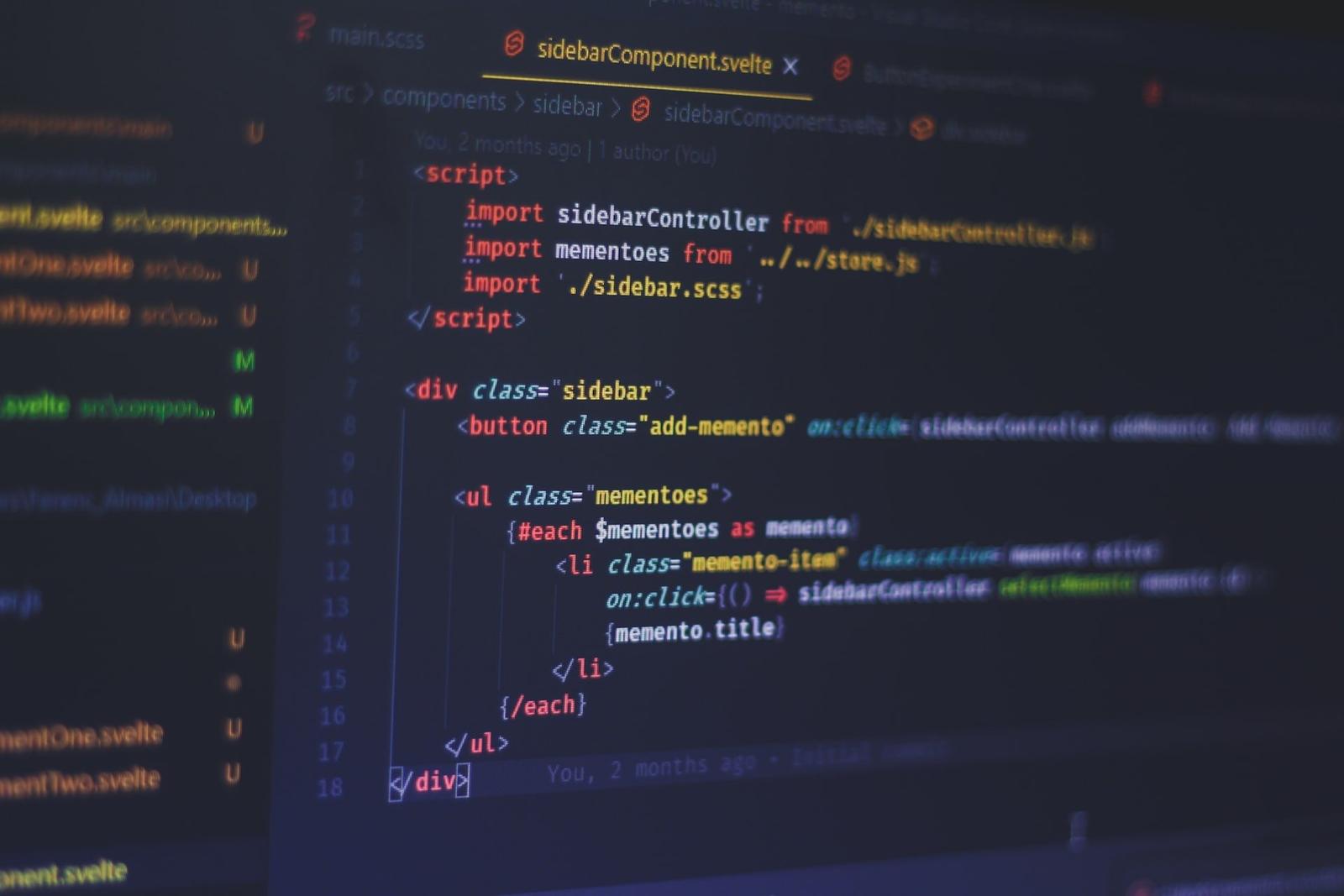 Colorful Svelte code on a dark mode code editor screen for a sidebar component.